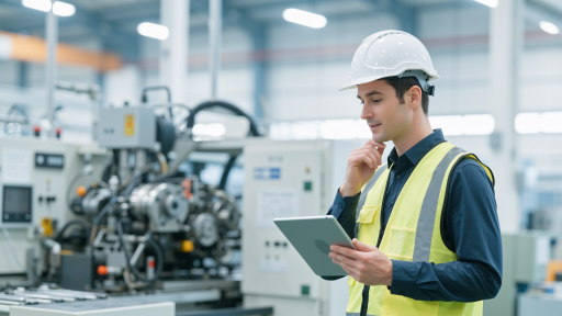 大型制造企业ERP系统，现代化工厂车间背景，显示数字化管理系统界面，操作员正在使用平板电脑查看生产数据