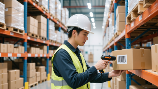 物流行业追踪系统，现代化仓库内部，工作人员使用手持设备扫描货物，后台显示实时物流追踪界面