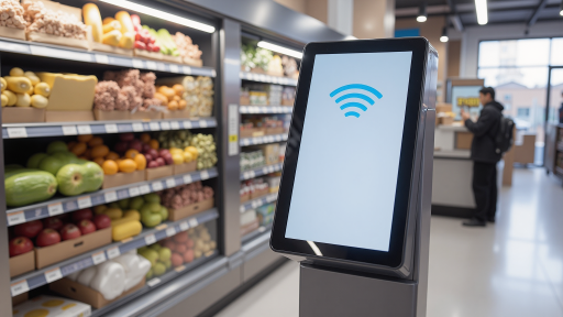 零售行业全渠道系统，商场内部场景，顾客使用手机扫码购物，后台显示订单处理系统界面